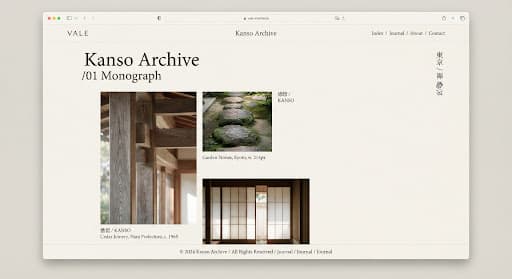 Kanso Archive architectural website concept with timber interiors and a stone garden