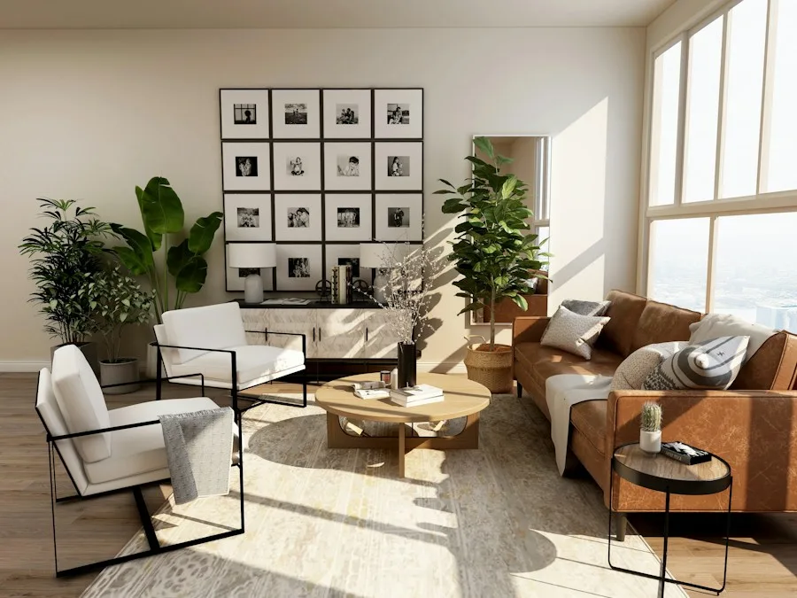 Warm interior with plants and sculptural furniture